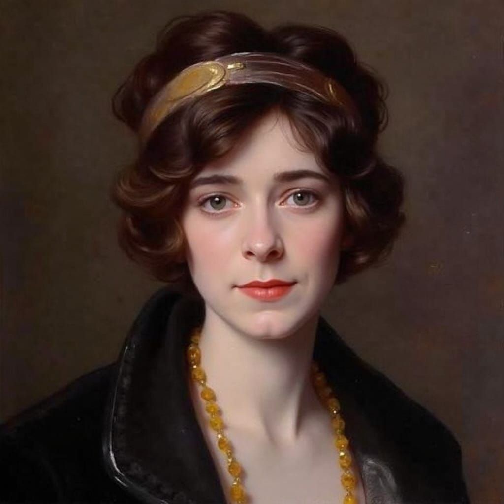 1920s European Lady in Velvet Jacket and Amber Necklace