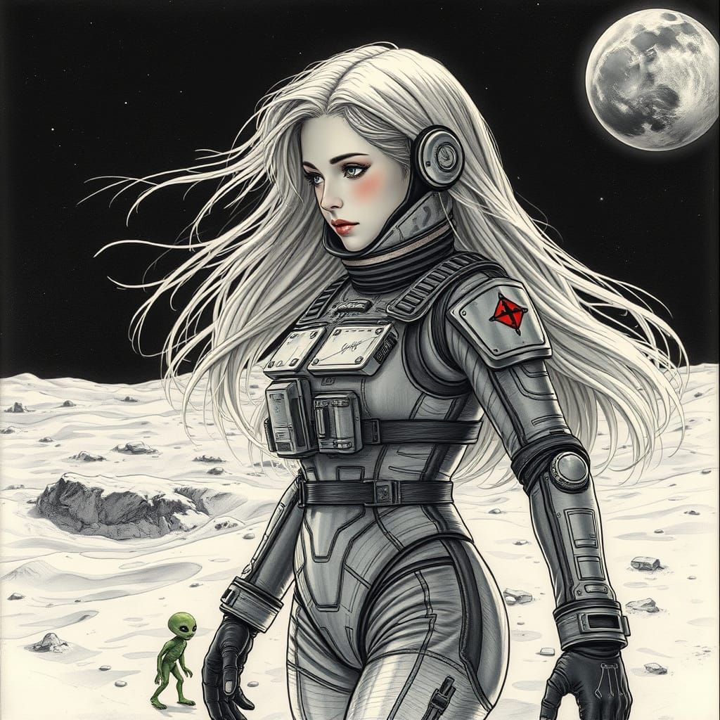 Girl in Austronat Suit Gazing at Tiny Aliens on the Moon