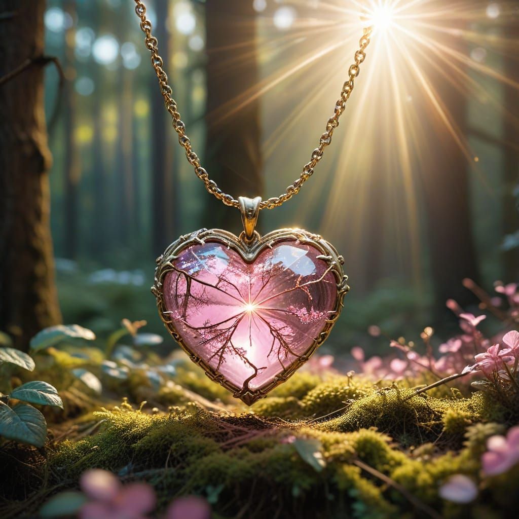 Magical Golden Heart Necklace in Fantasy Forest