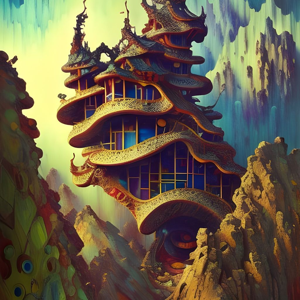 Surreal Stairway Building on a Mountain