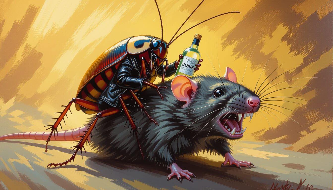 A cockroach with a bottle of vodka in its paws is riding a big angry rat. The cockroach has 6 insect legs