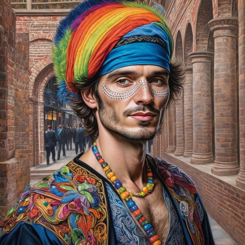 Hyperrealistic Portrait of a Man in Colorful Clothing
