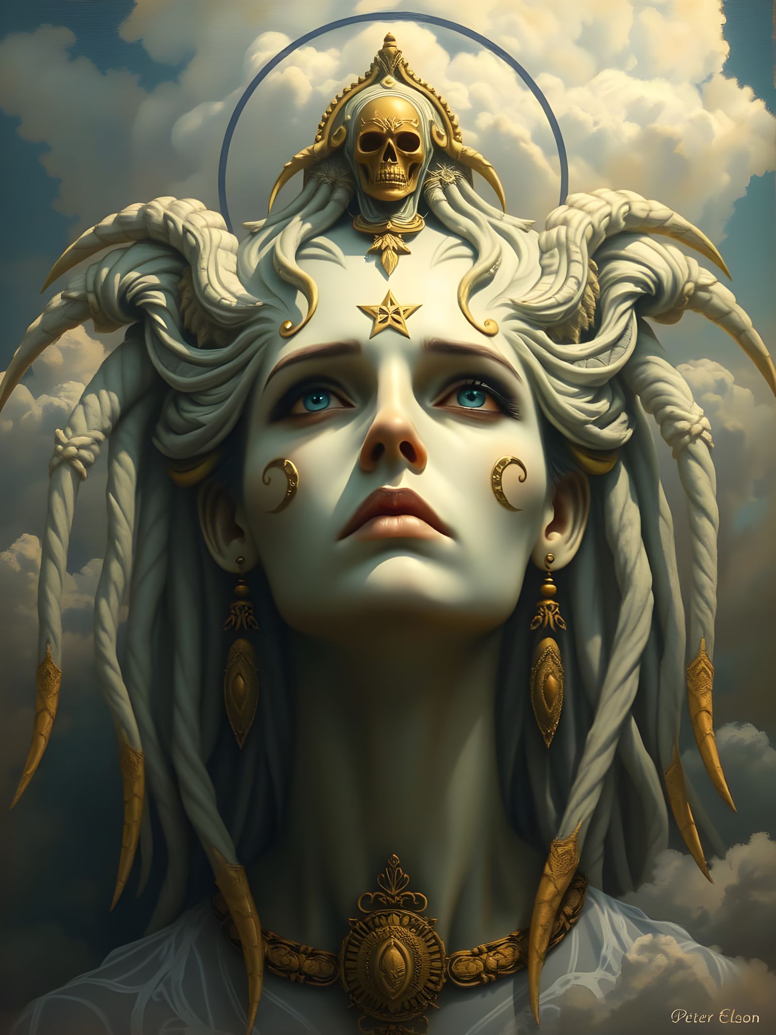 Fantasy Enigmatic cloud scape Oil portrait 
of beautiful Ora...