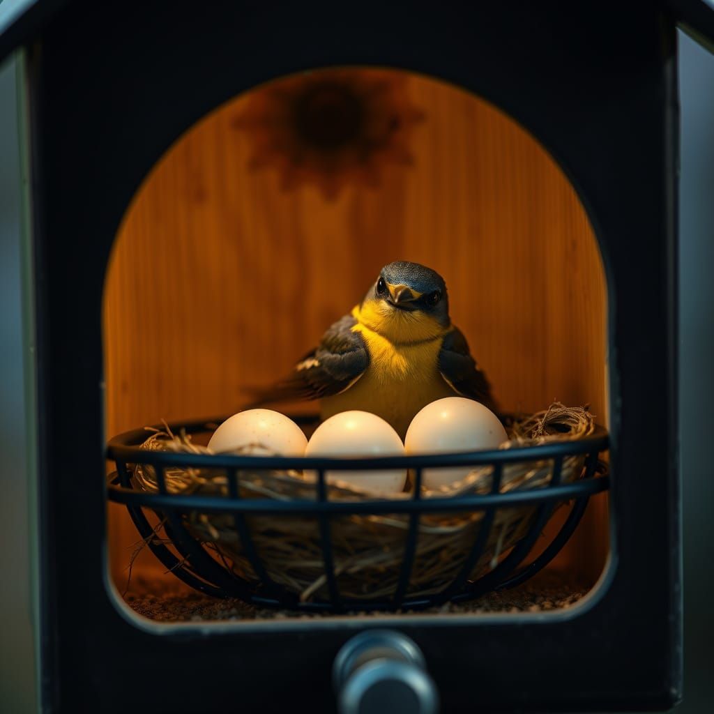 Swallow Nesting in Sleek Birdhouse, Hyperrealistic Style