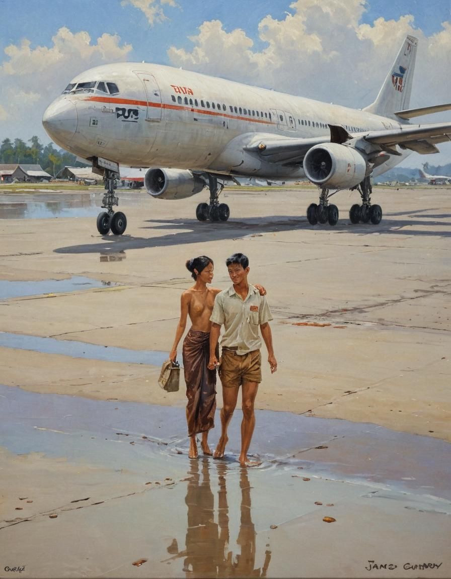 Thai Couple and Boeing Plane: Oil Painting
