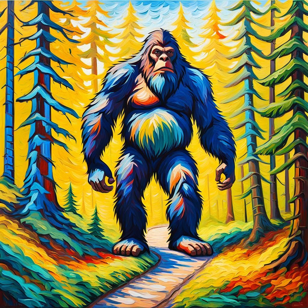 Bigfoot in Beautiful Forest: Expressionist Oil Painting