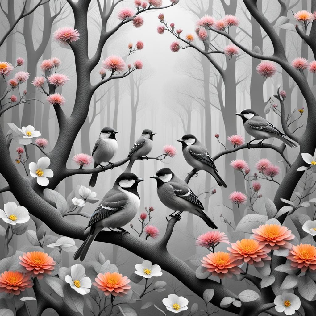 Detailed 3D Black and White Bird Scene