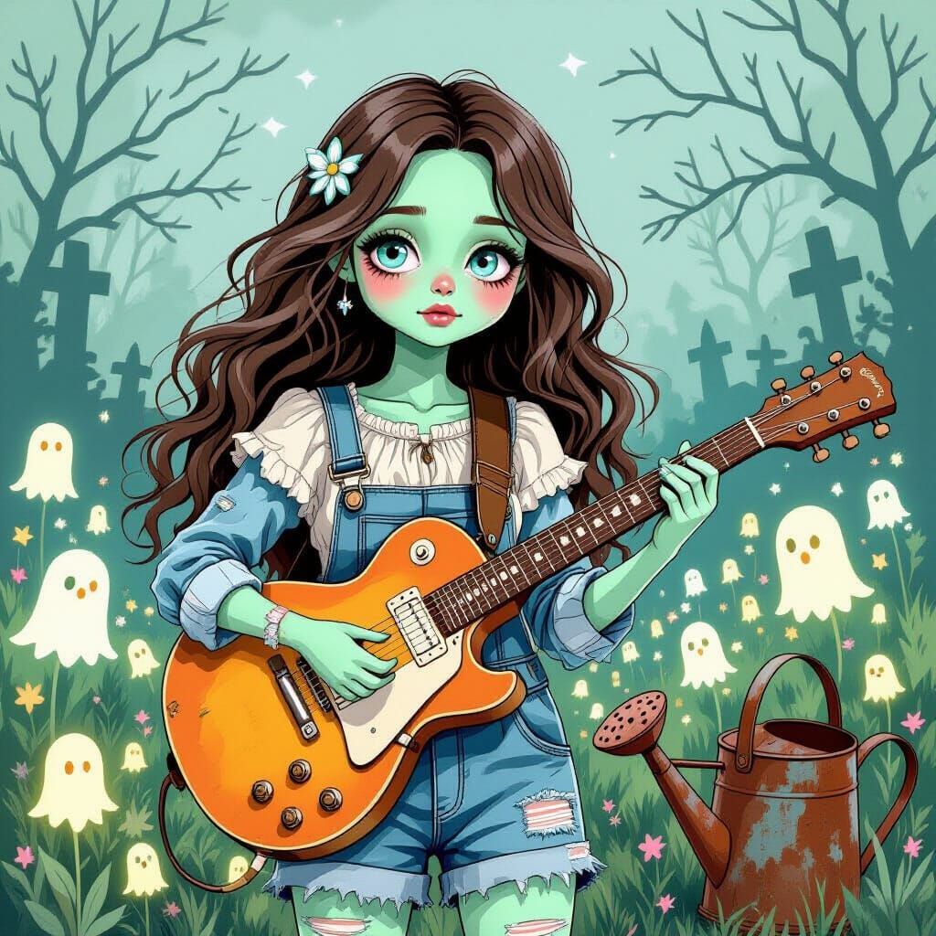 Cute Zombie Girl Playing Guitar in Pastel Graveyard