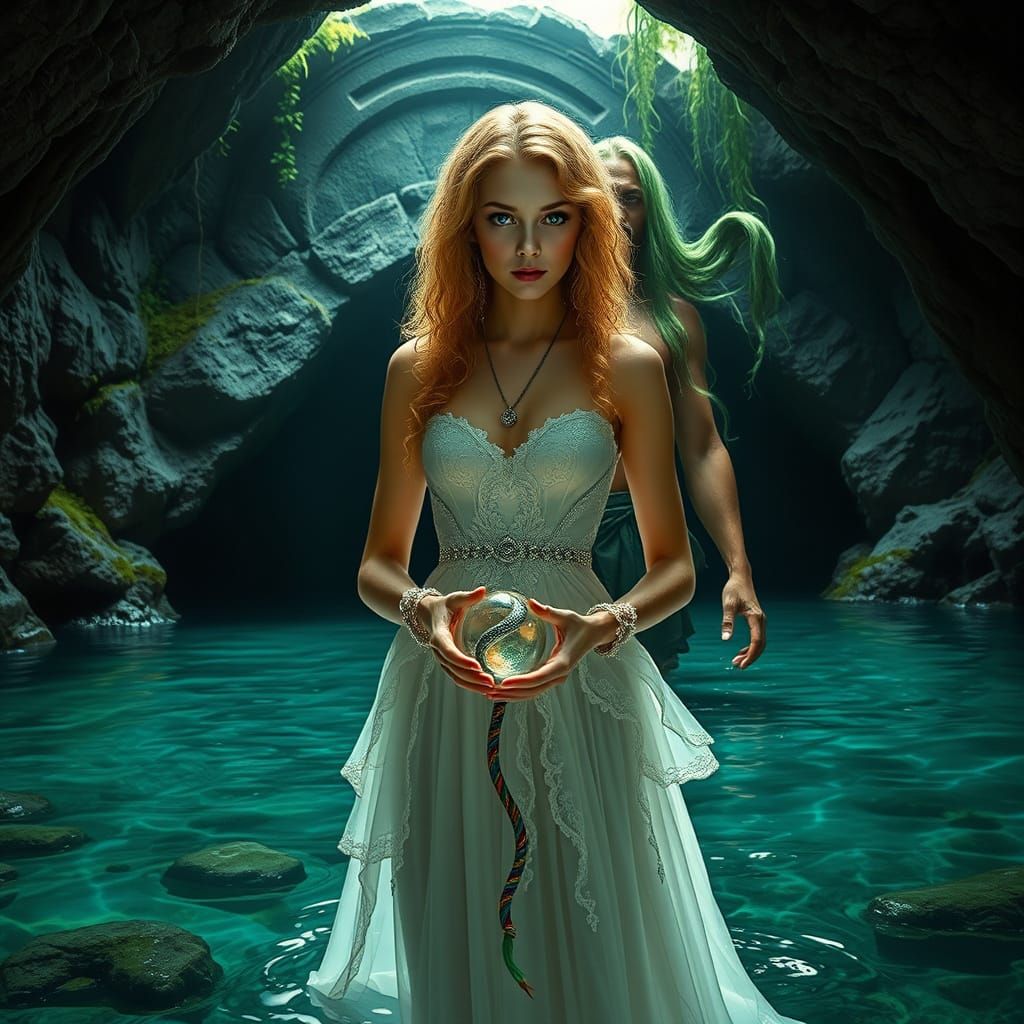 Mystical Woman in White Stands in Crystal Clear Waters Benea...