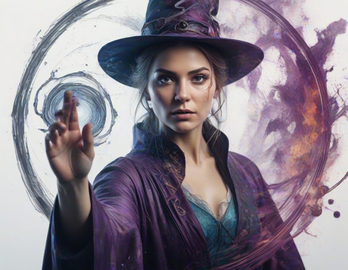 Double Exposure Sorceress Casts Magic Spell