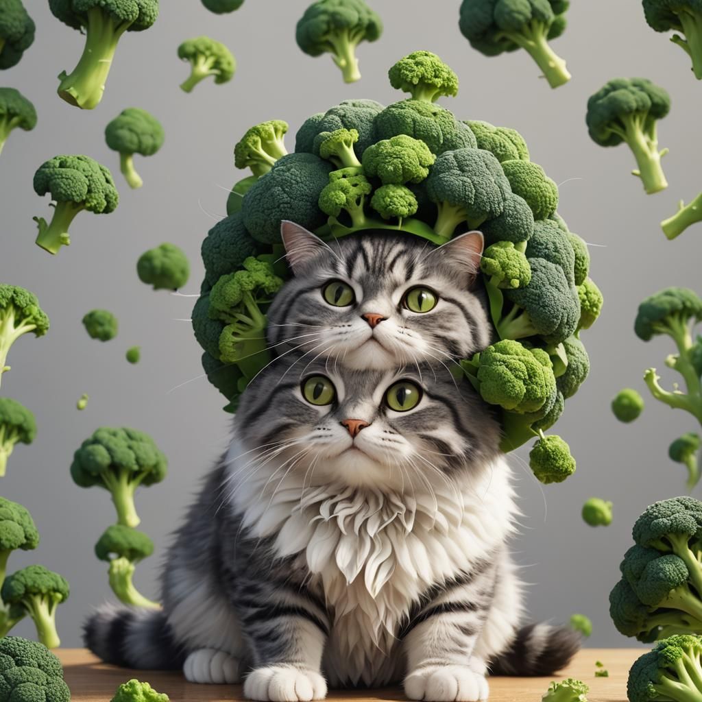 Fluffy Cat with Broccoli Hat in 3D Anime Art