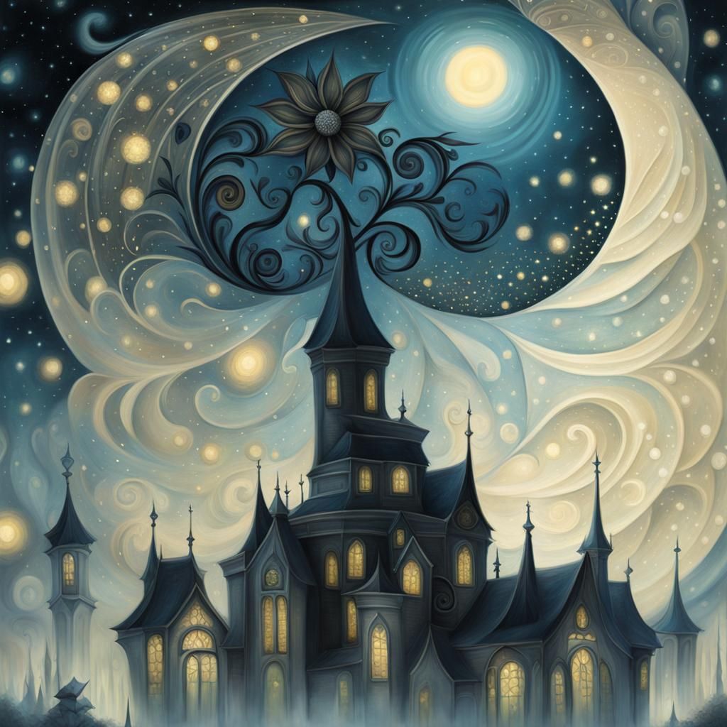 Indigo Flower in Starry Garden, Digital Painting