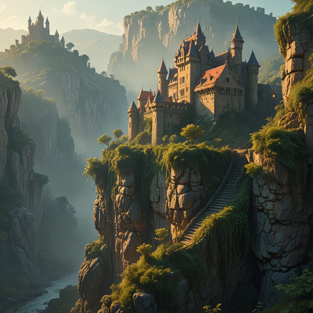 Cliffside Castle in Moebius Sci-Fi Style