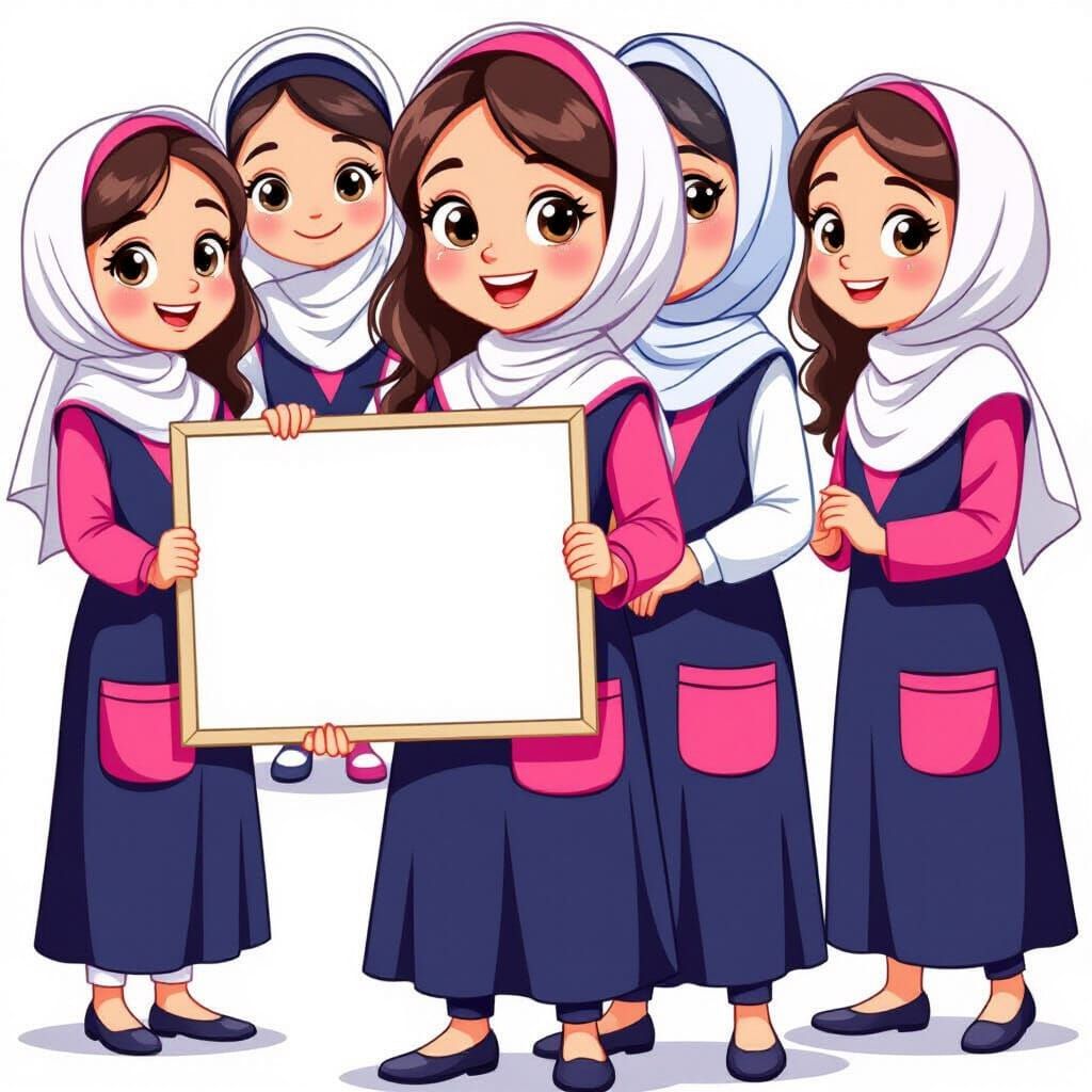 Happy Girl in Iranian School Uniform, Digital Cartoon Art