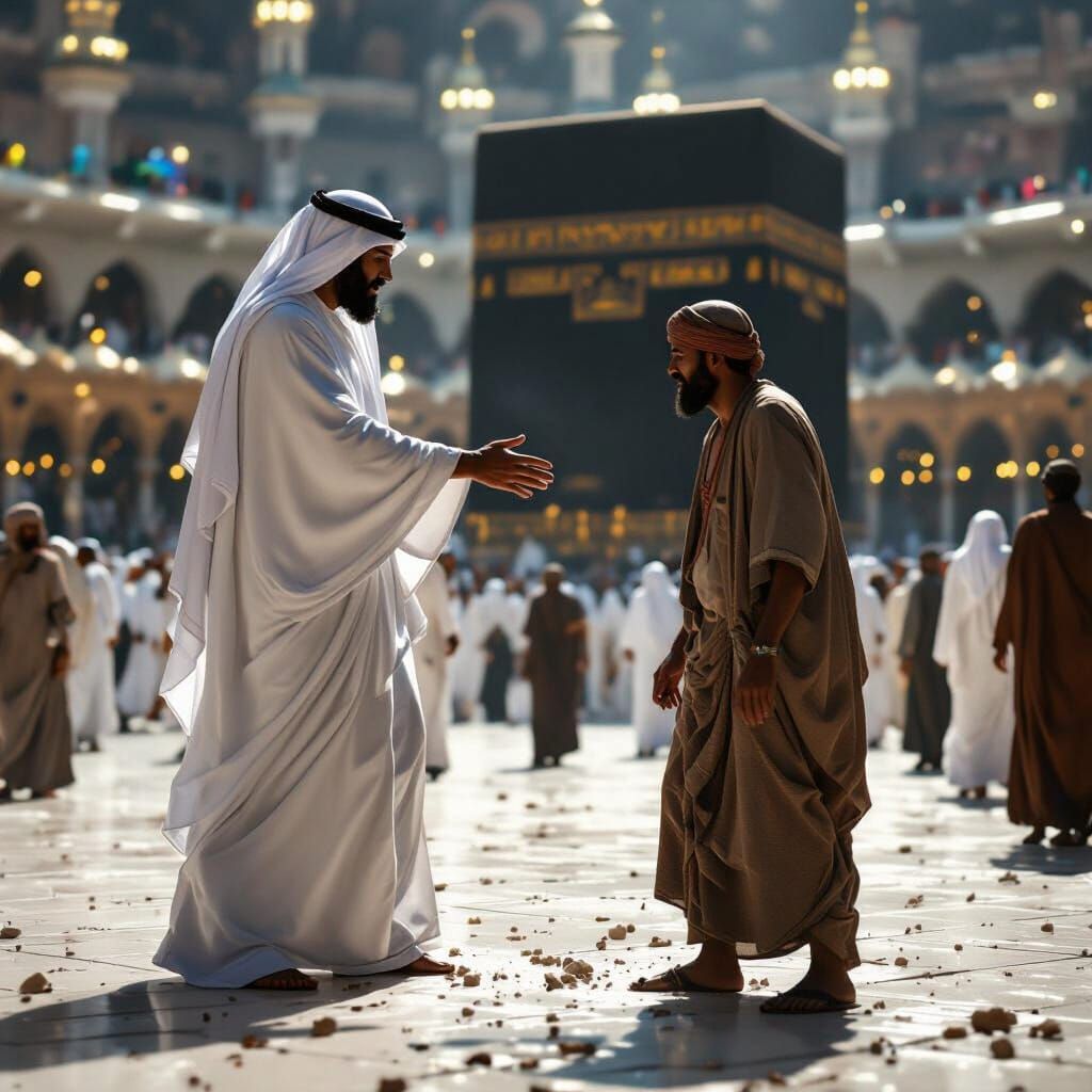 Arab King's Confrontation Near Kaaba in Dramatic 3D Scene