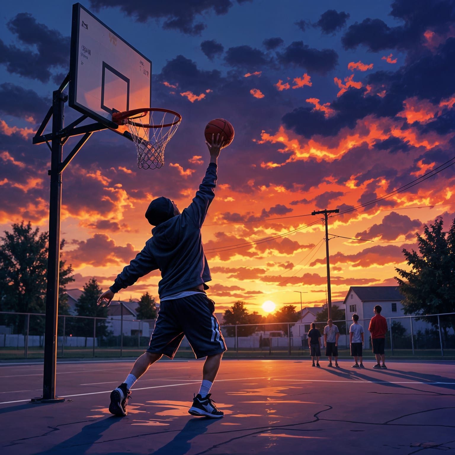 Hyperrealistic Last Basketball Throw at Sunset