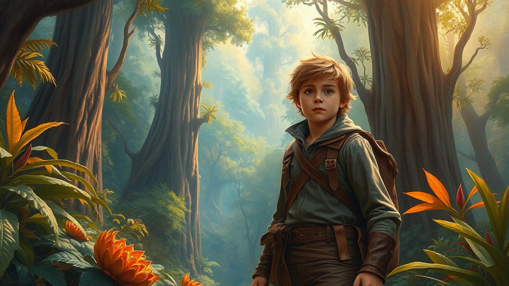 Adventurer in Lush Forest: Oil Painting in Dinotopia Style