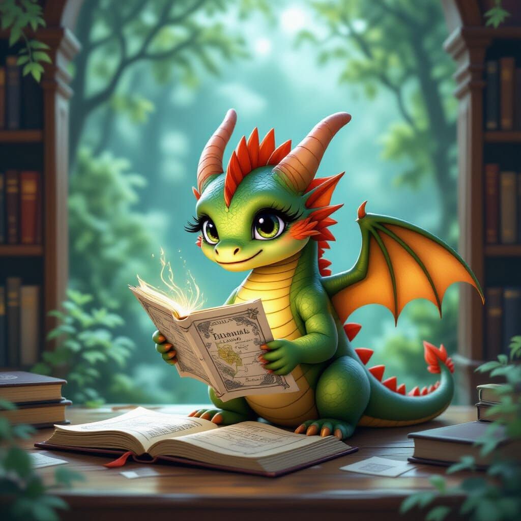 Small Dragon with Long Eyelashes Enters Library for Magic Fo...