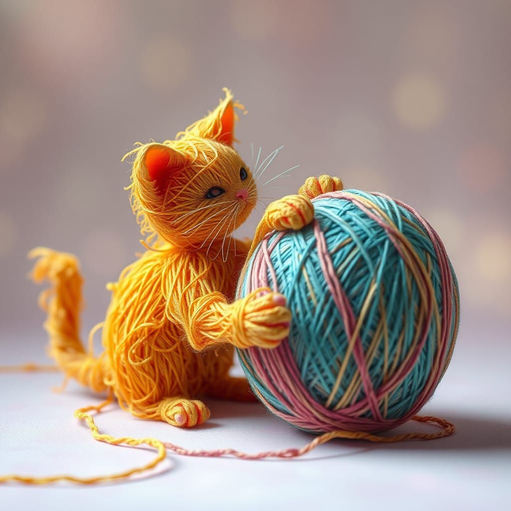 Whimsical String Cat Plays with Yarn Ball