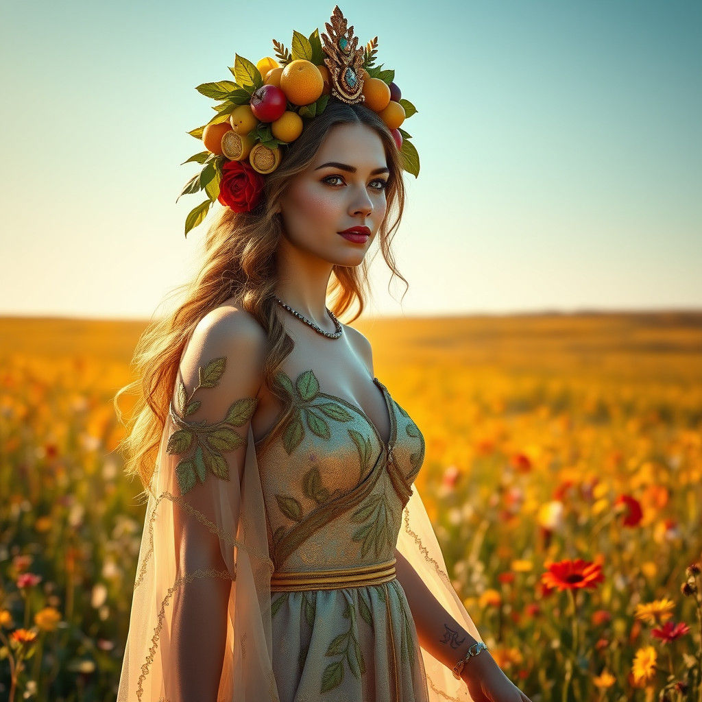 Goddess of Fruits Walks Across Summer Field