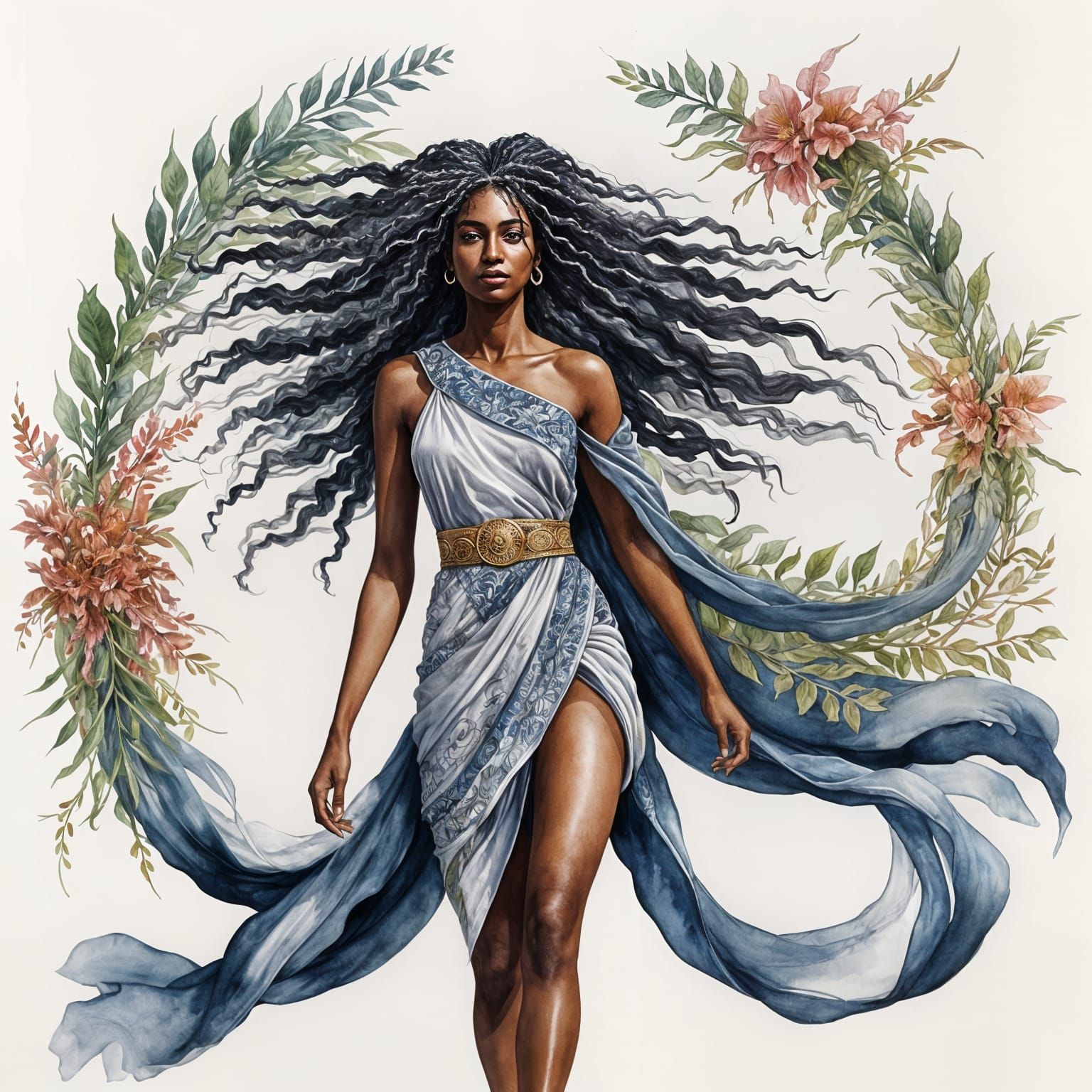 Ebony Goddess Ascends to Heaven in Vibrant Watercolour