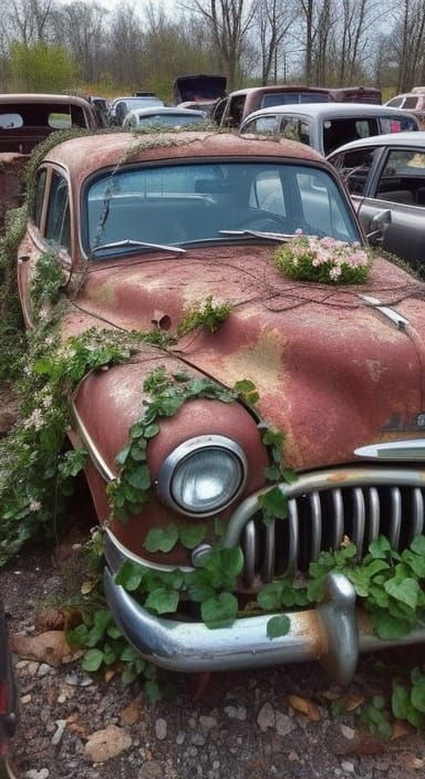 Nostalgic Junkyard: Abandoned Car in Golden Hour