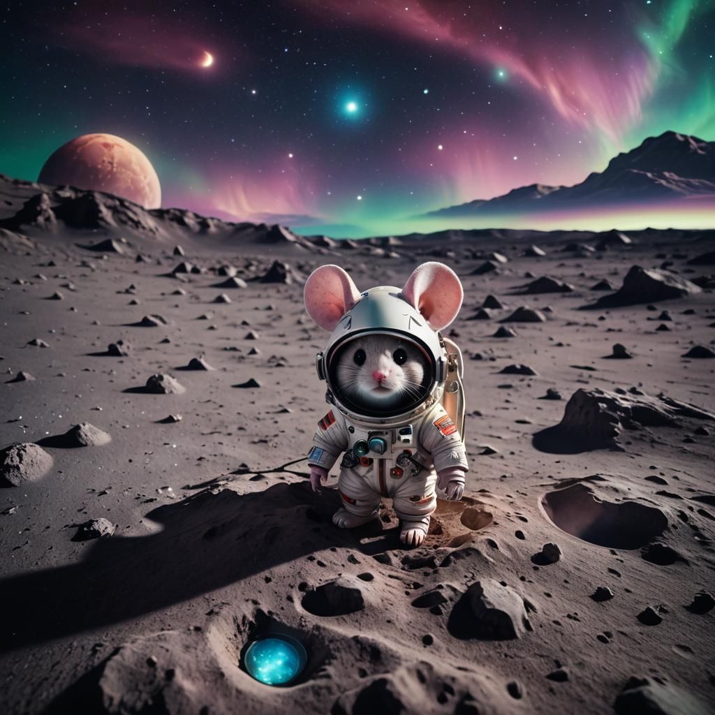 Chibi Mouse on the Moon in Realistic Photograph