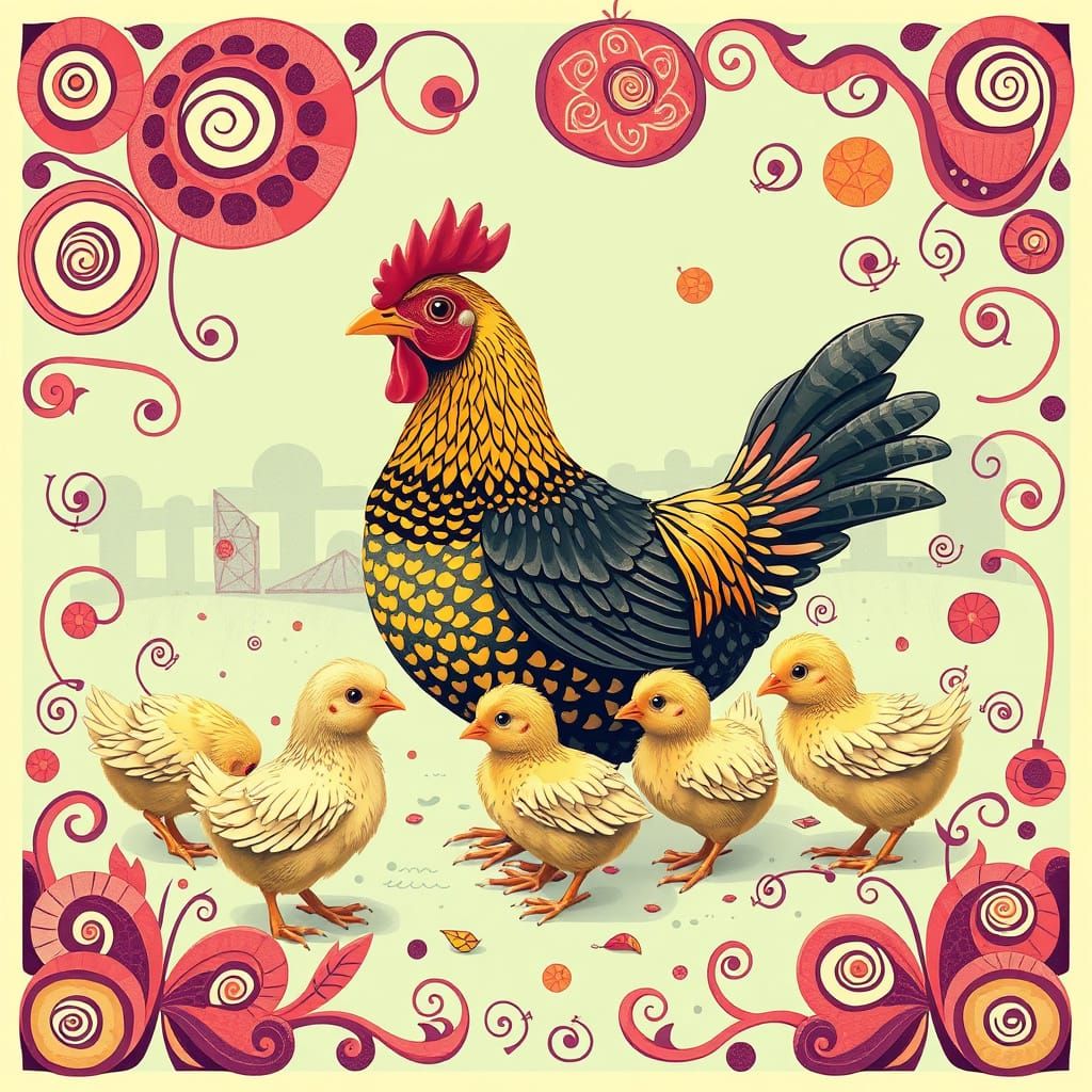 Mother Hen and Chicks in Retro 3D Style
