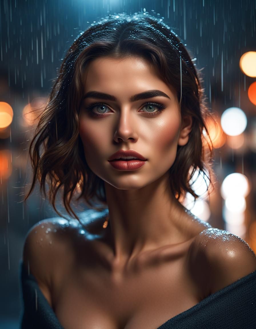 Beautiful Woman in Rainy City Nightscape