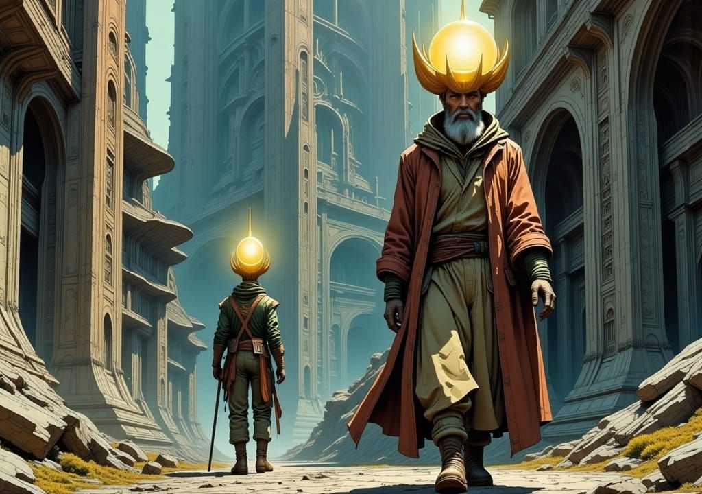 Mystical Figure in Ancient City, Moebius Style