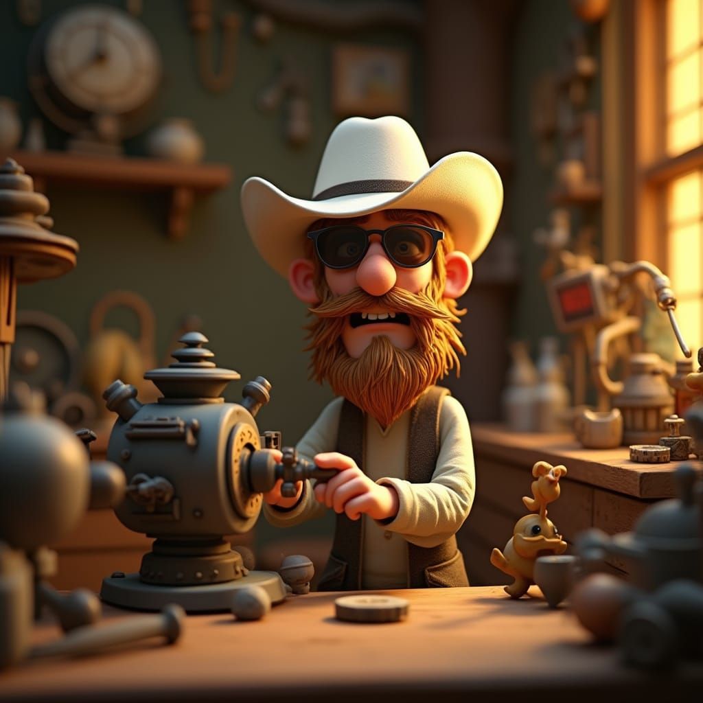 Claymation Inventor in Workshop, Aardman Animation Style