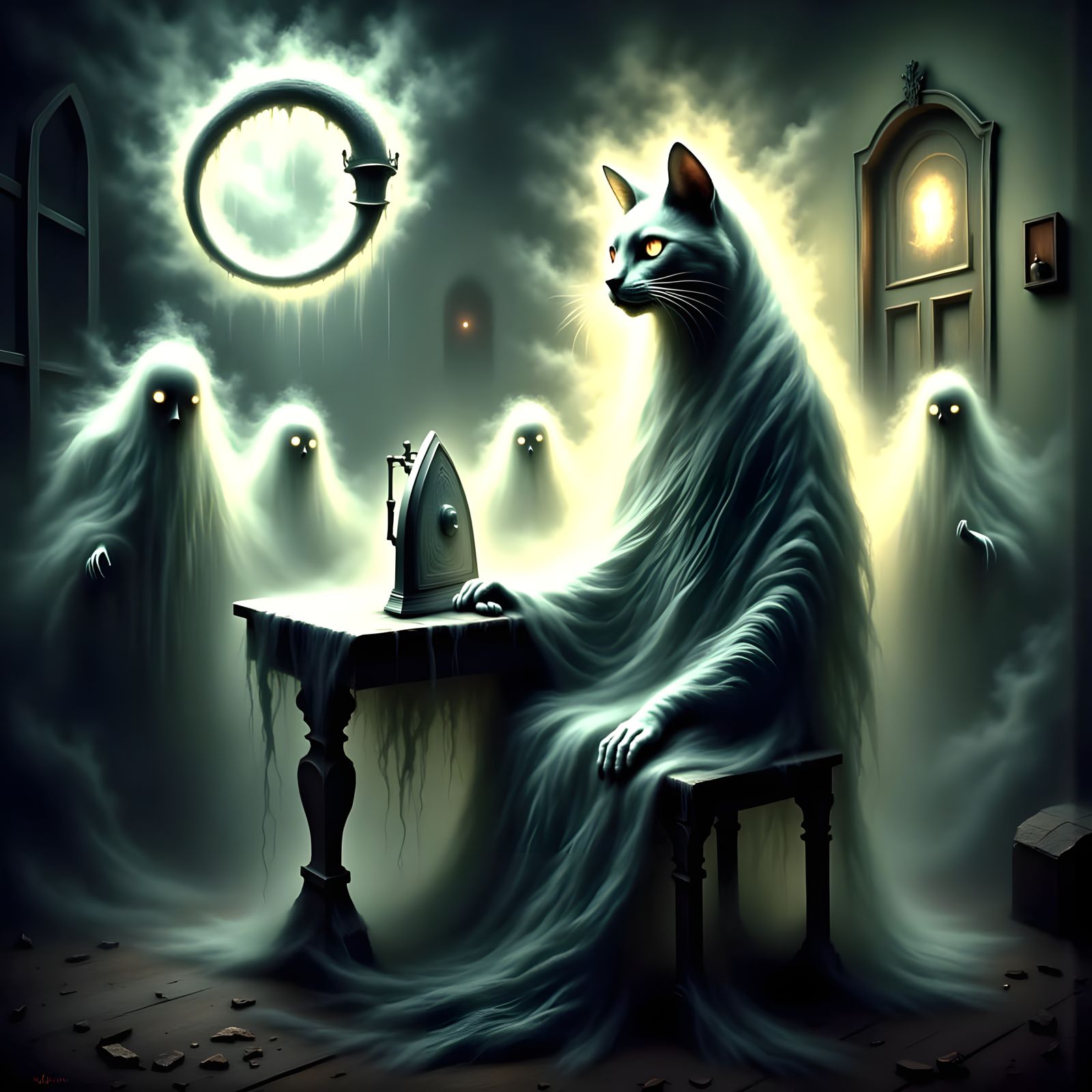 Cat Ironing Ghosts in a Surreal Mixed Media Scene
