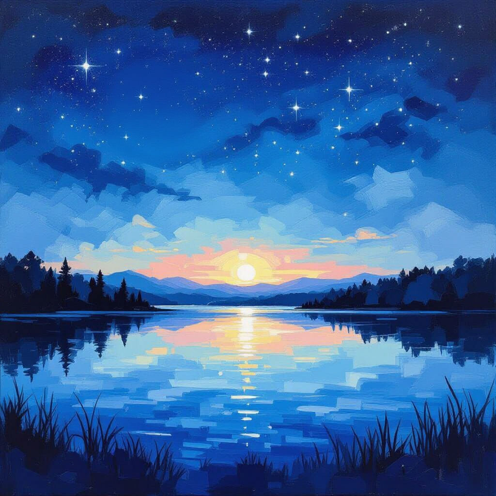 Starry Night Lake with Crescent Moon in Gouache Style