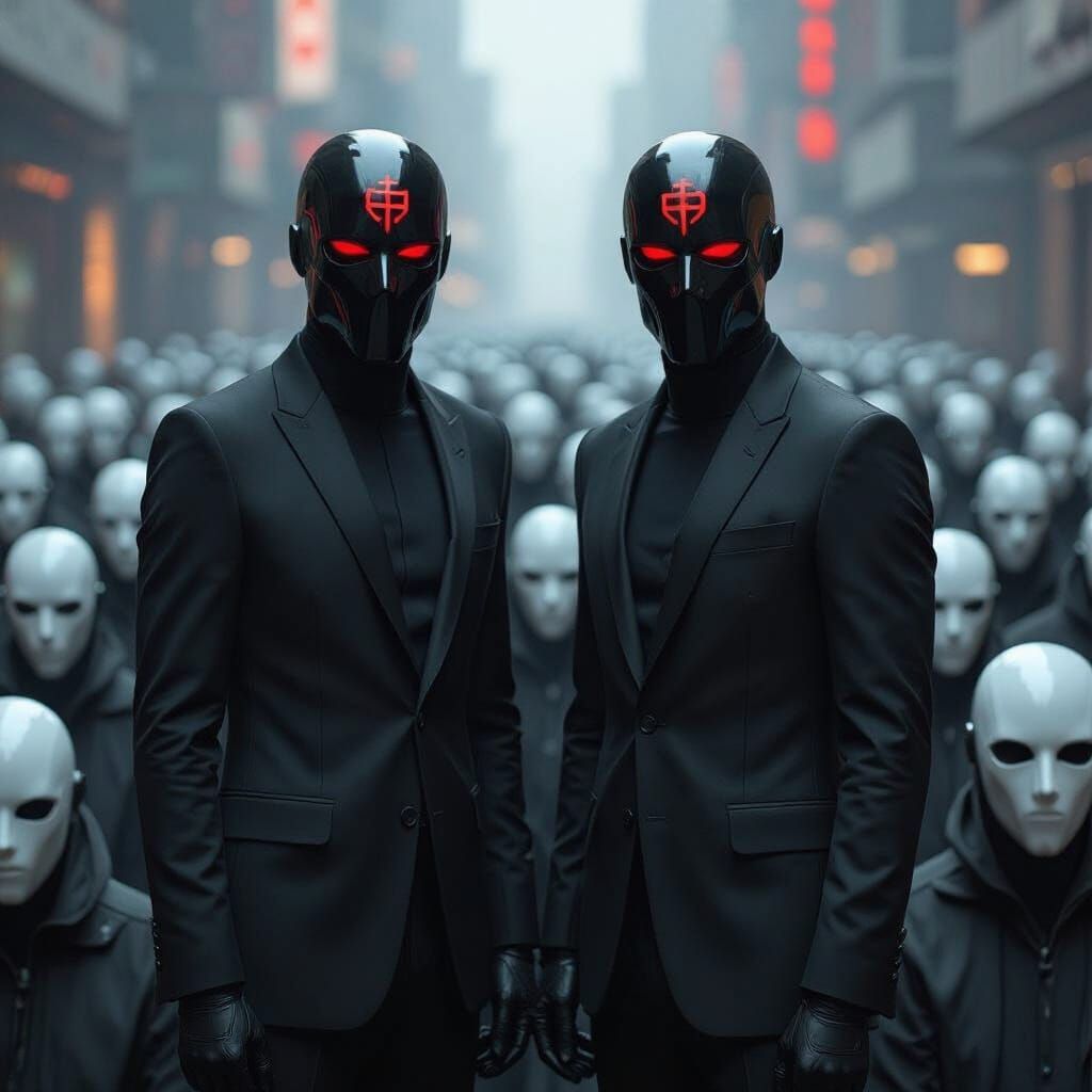 Dystopian Control: Two Figures in a Crowd
