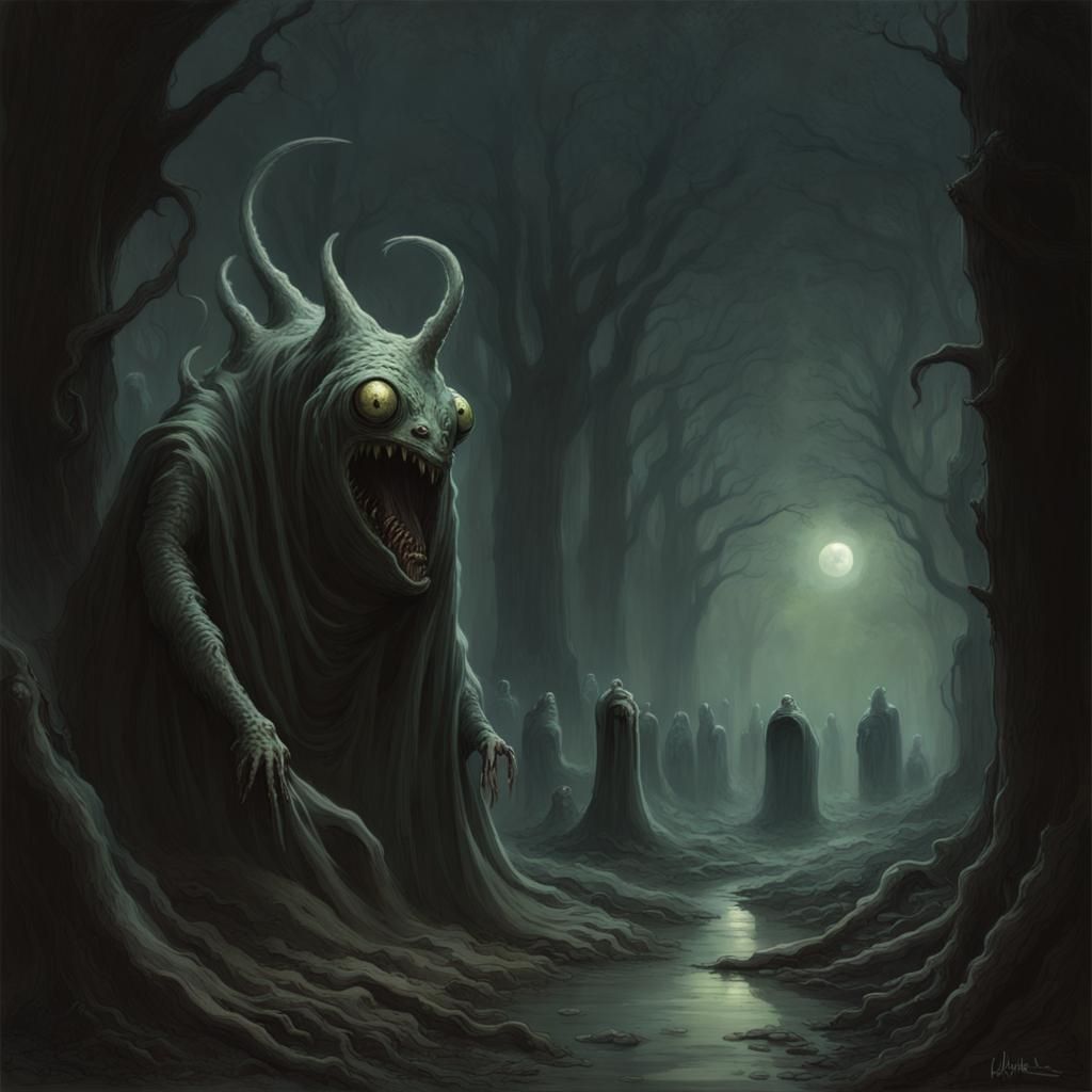 Grotesque Slime Monsters in Eerie Horror Scene