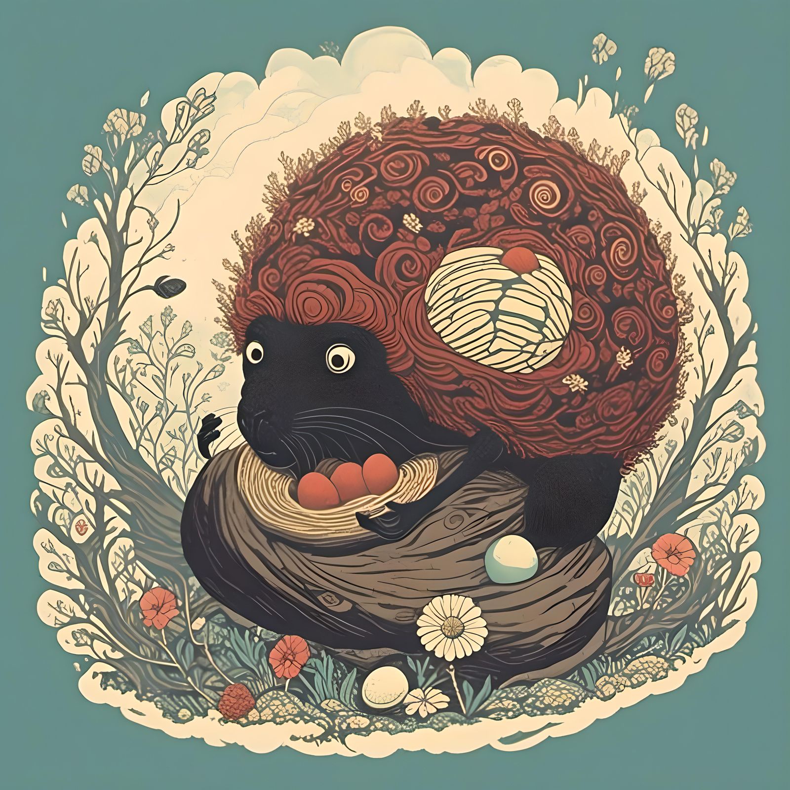 Macaque Stealing Eggs from Bird Nest