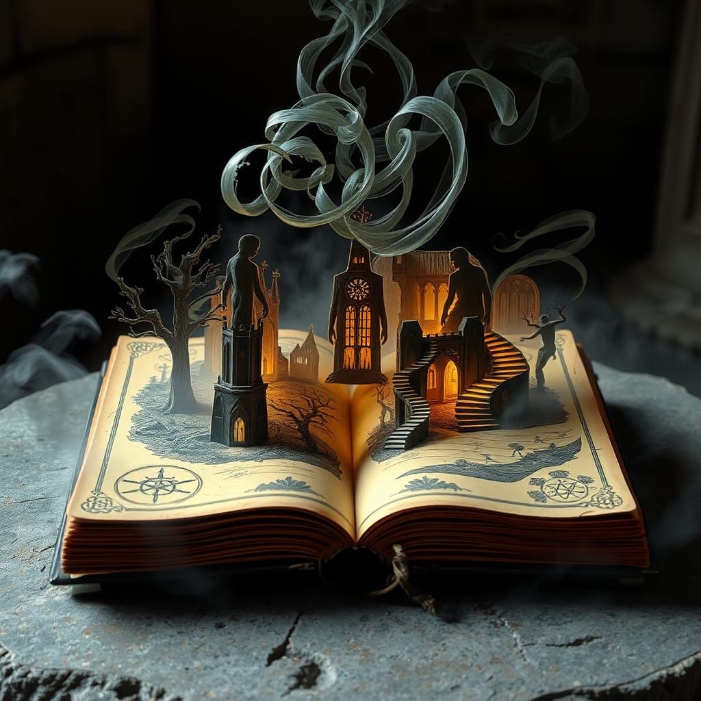 Mysterious Pop-Up Book on Altar with Glowing Runes