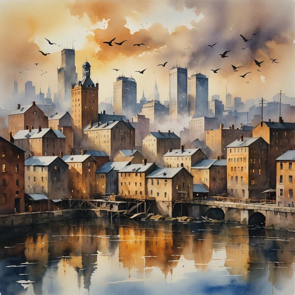 Whiskey Distillery Cityscape in Watercolor Style