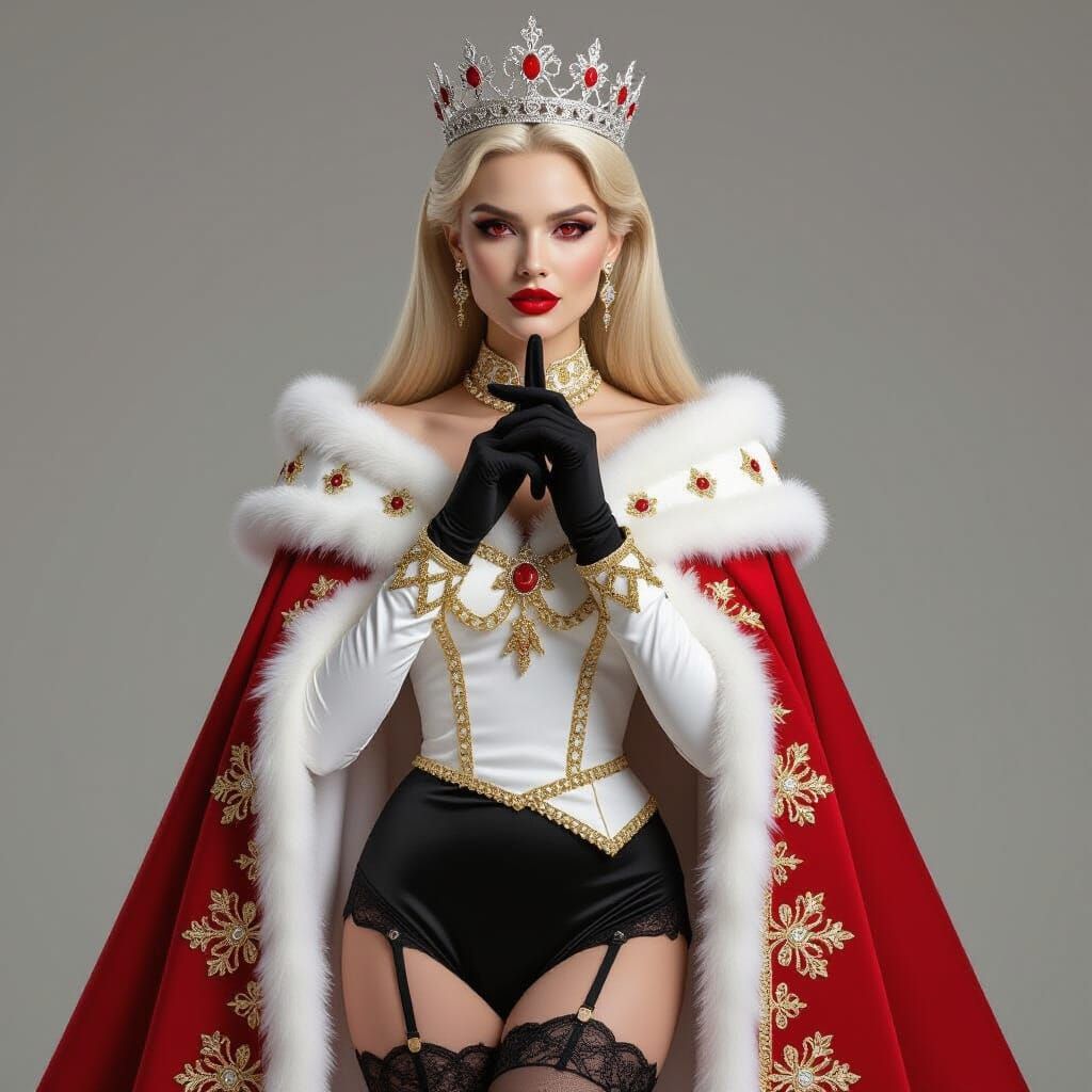 Haughty Royal Woman in Silver Crown and Red Cape