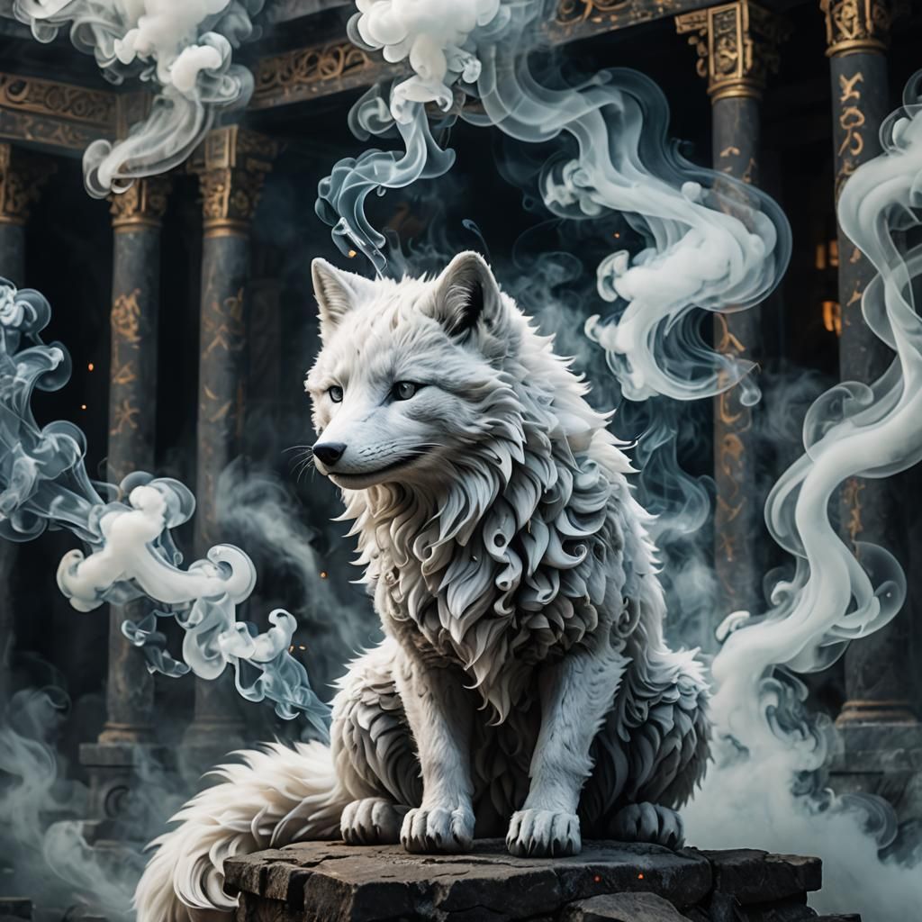 Ethereal Smoke Elemental Arctic Fox in Ancient Temple