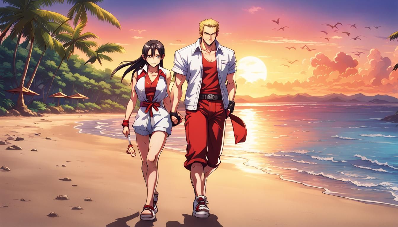 Mai Shiranui and Andy Bogard Strolling Along a Beach in Hawaii