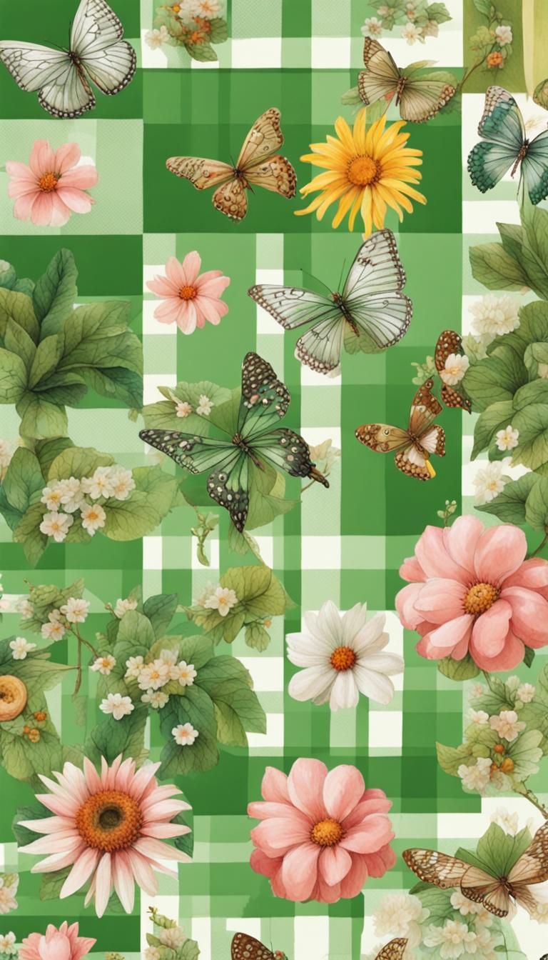 Whimsical Cottagecore Collage with Green Gingham and Flowers