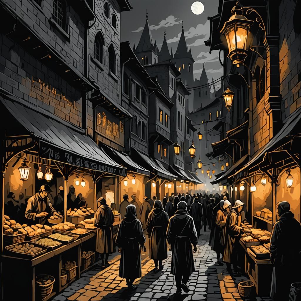 Eerie Gothic Night Market Charcoal Illustration