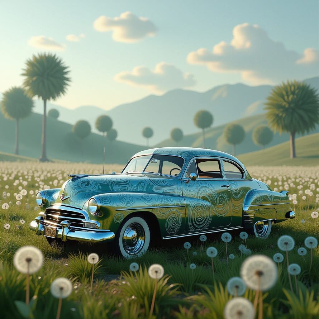 Bio-Art Vintage Car in Dreamlike Dandelion Landscape