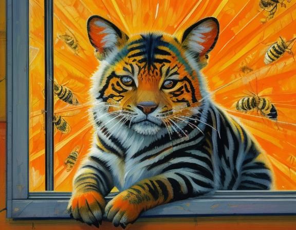 Tiger Cub in Sunlight: Neo-Impressionist Oil Painting