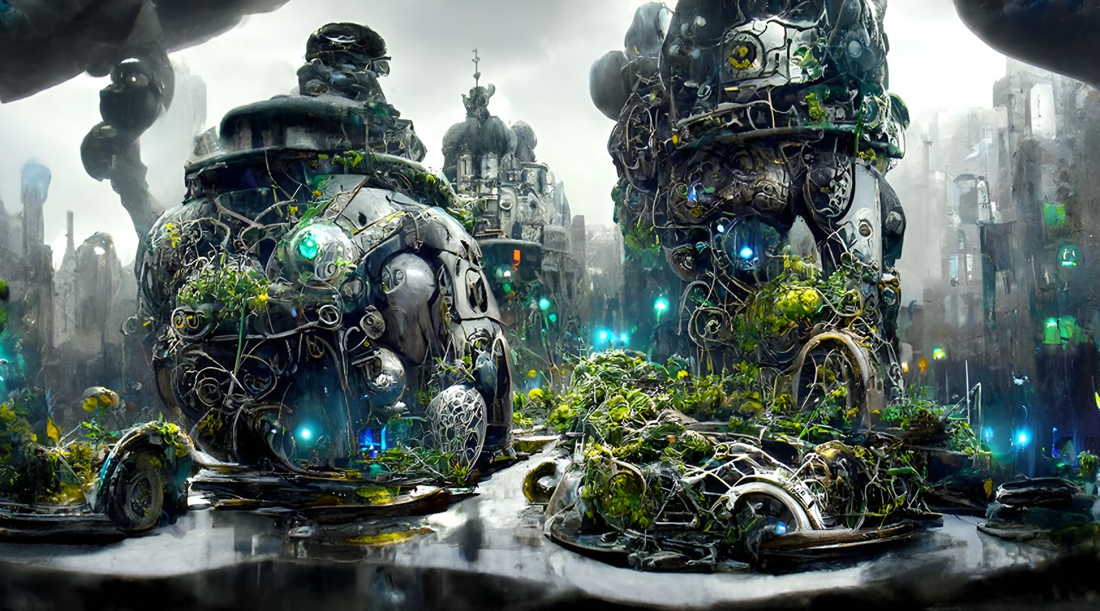 Dieselpunk Robot Golem in a Sci-Fi Cityscape