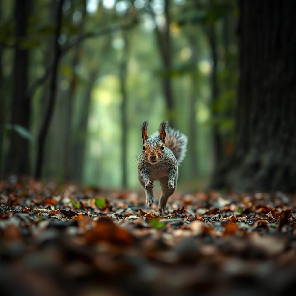 Squirrel in Hyperrealistic Forest Landscape