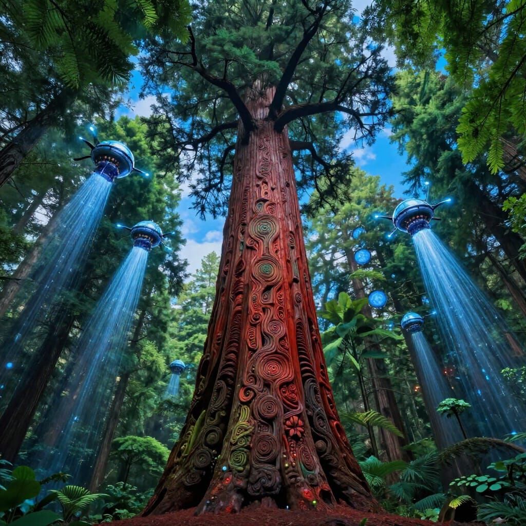 Colossal Redwood Tree Guarded by Nano-Bots