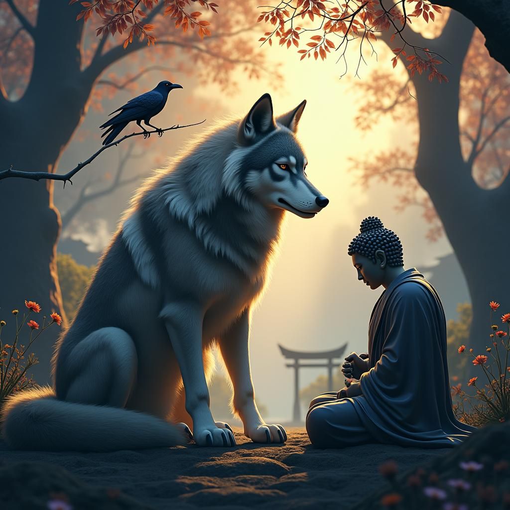 Wolf and Buddha in Ethereal Forest Landscape