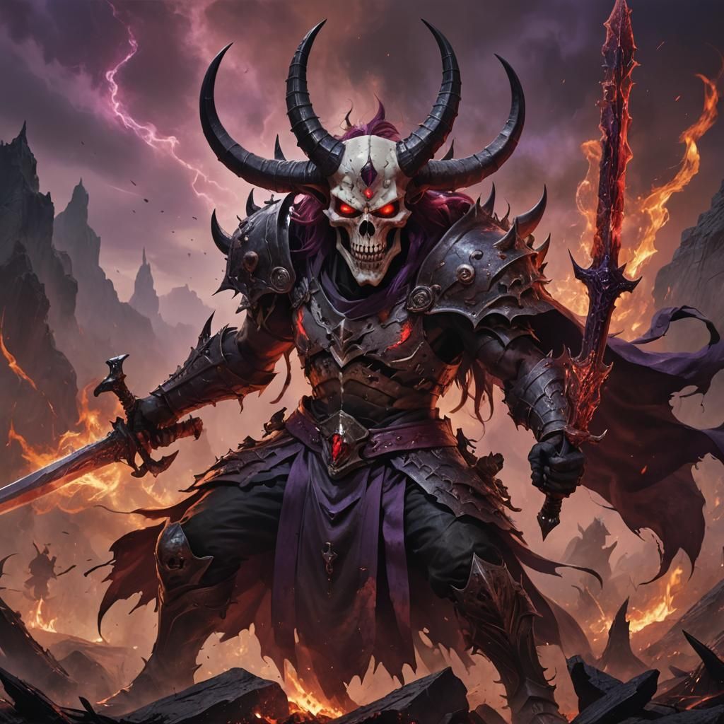 A menacing figure, possibly a warrior or a demon, with a sku...